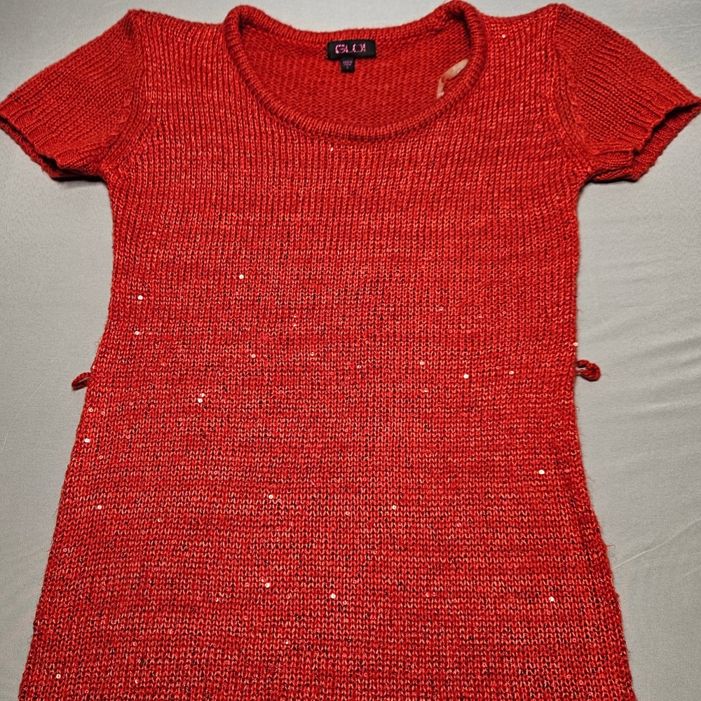 GLO Jeans Knit Sweater Dress Junior Large Red Sequin Short Sleeve Minka GT3348